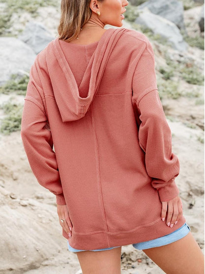 Women Casual V Neck Drawstring Waffle Knit Hoodies Oversized Sweatshirts