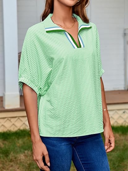 Womens V Neck Striped Blouse Oversized Dolman Sleeve Tops