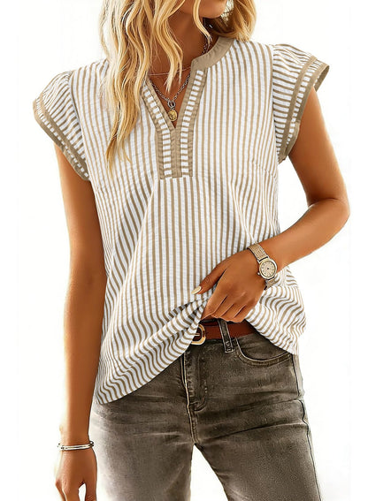 Womens Summer Tops Casual V Neck Cap Short Sleeve Striped T Shirts Loose Boho Blouses