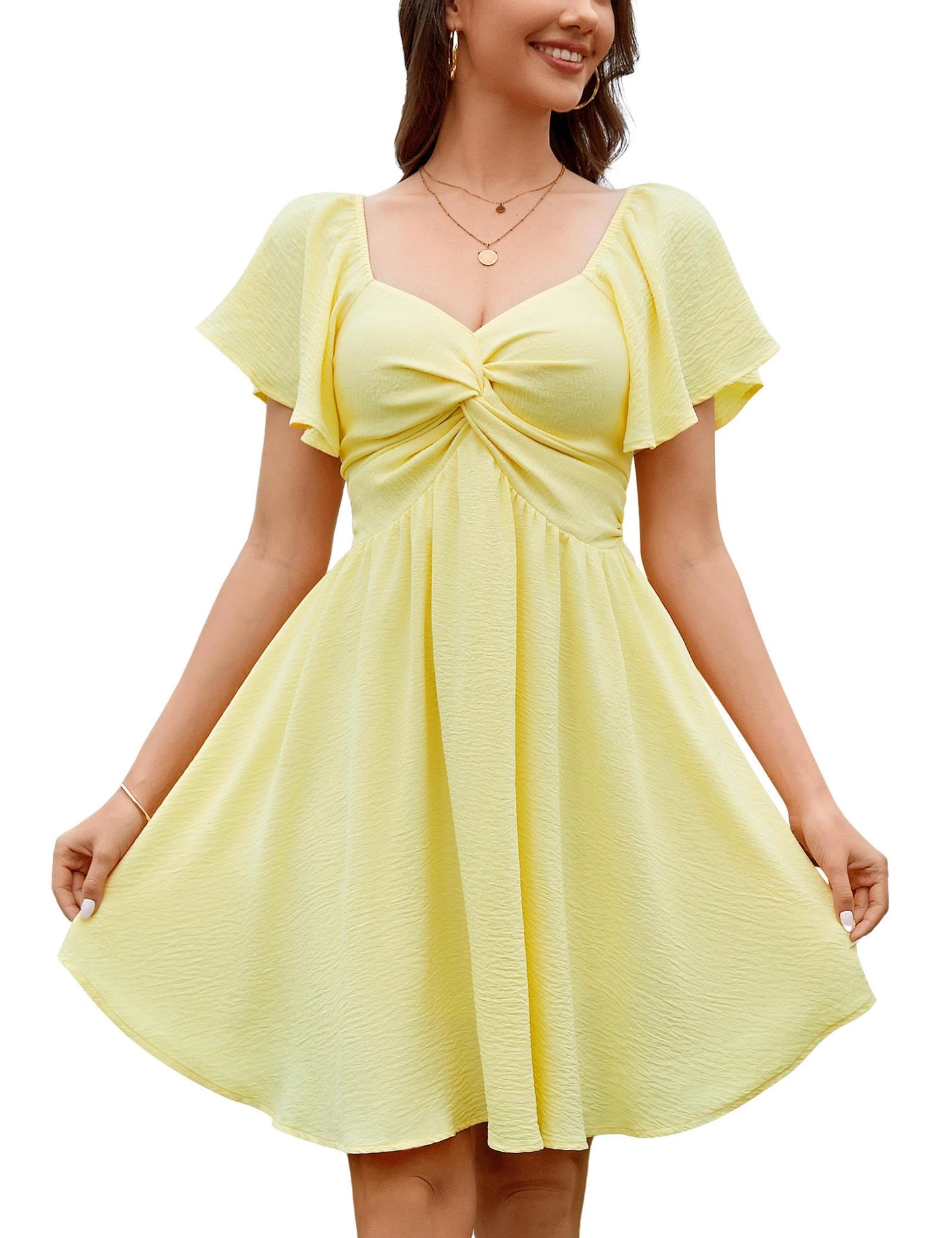 Women's Sweetheart Knot Front Dress Flutter Sleeve
