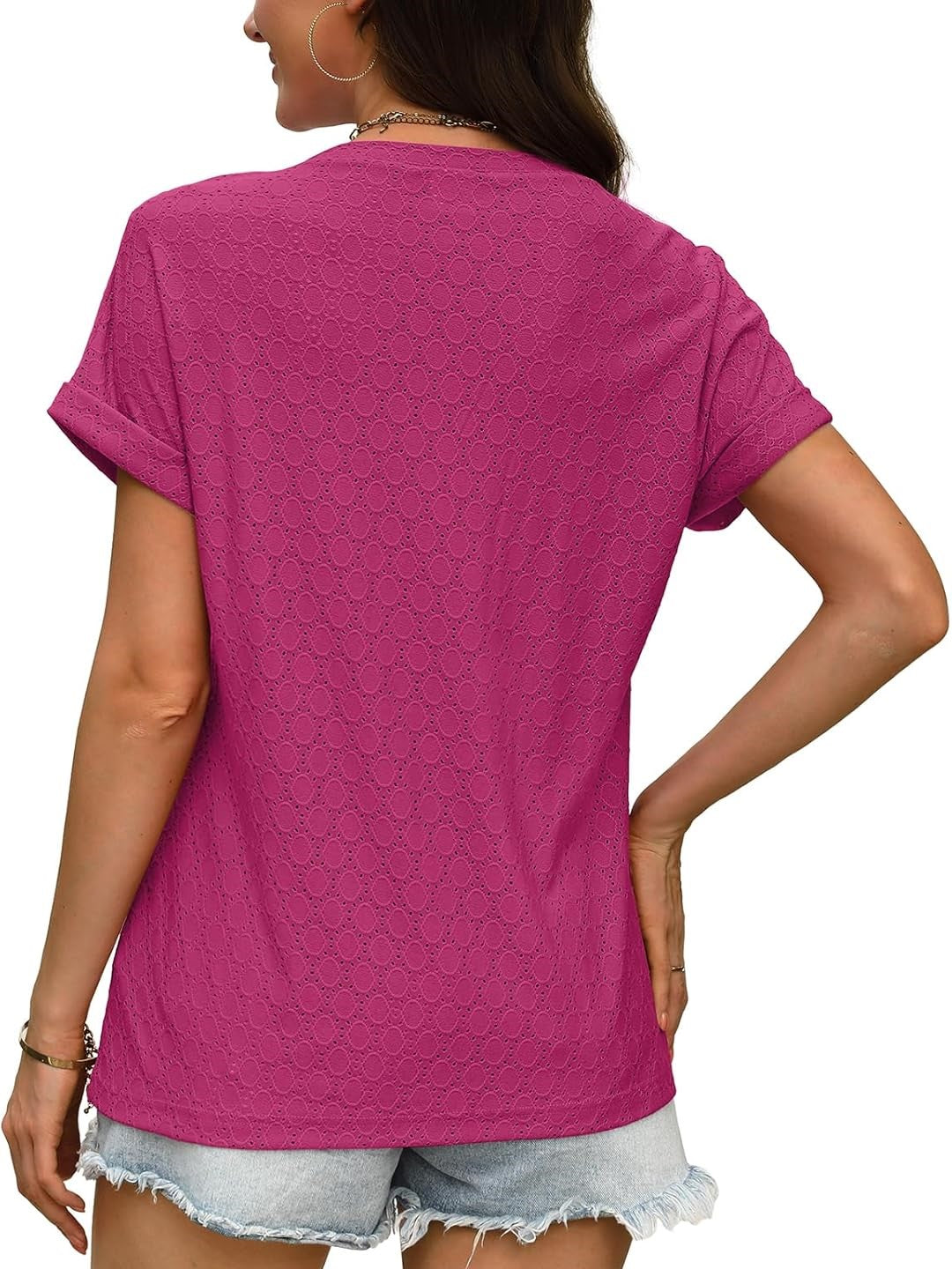 ✨Women's V Neck Eyelet Dressy Casual Basic Short Sleeve Tees