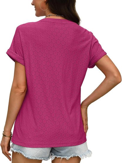 ✨Women's V Neck Eyelet Dressy Casual Basic Short Sleeve Tees