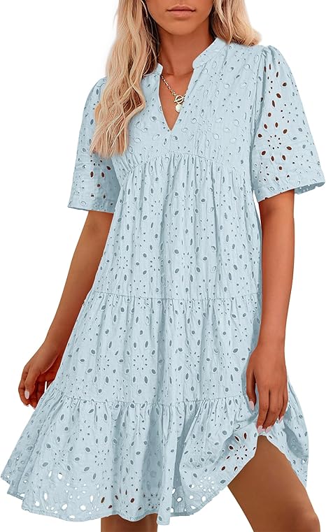 2025 Women's V Neck Short Sleeve Hollow Out Mini Vacation Dress