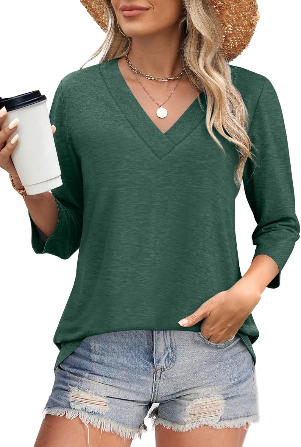✨Women's Trendy V Neck 3/4 Long Sleeve Tops Loose Fit Blouse