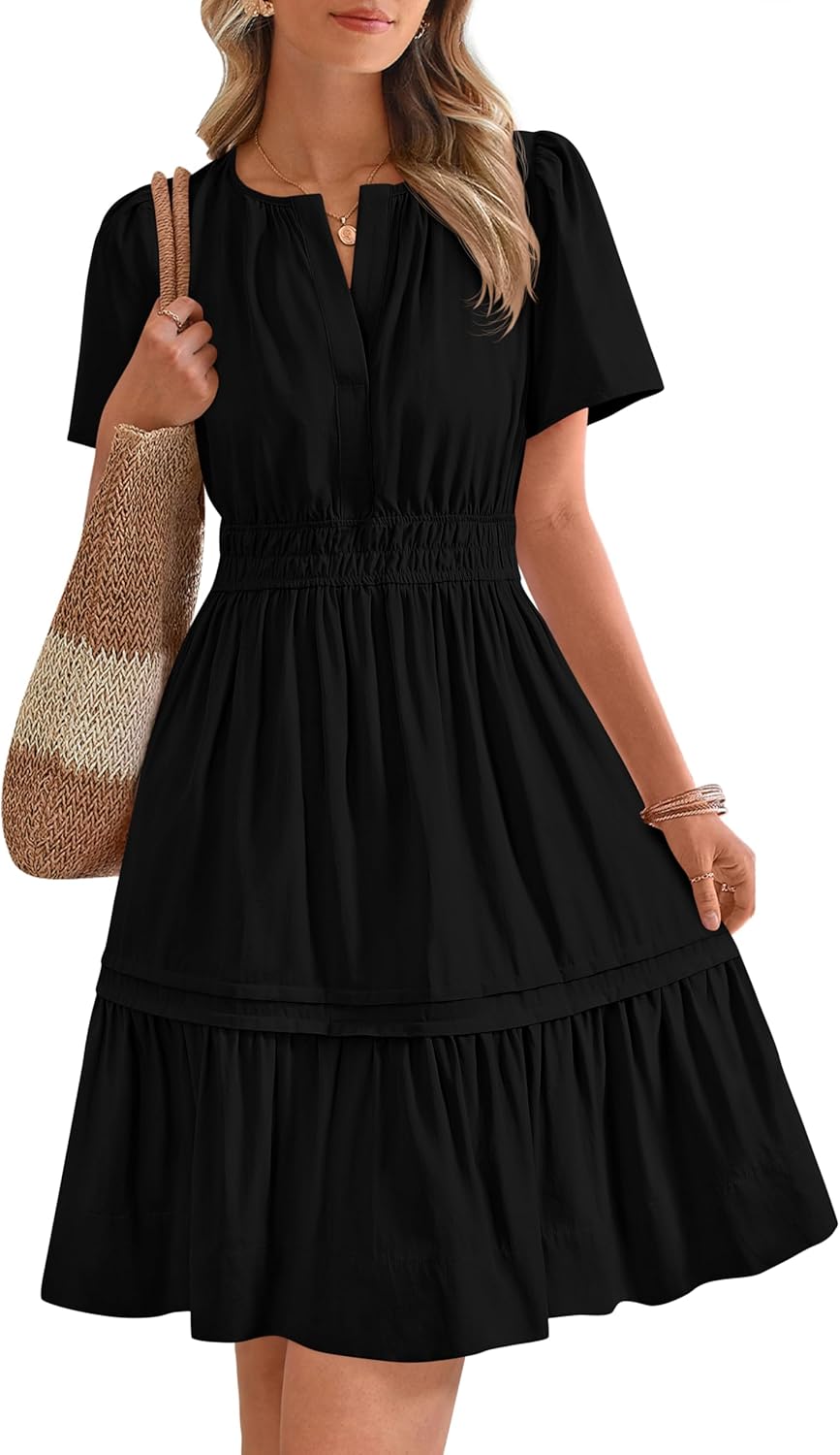 ✨Women's Casual V Neck  Sundress Smocked Waist A Line Tiered Mini Dress