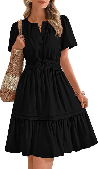 ✨Women's Casual V Neck  Sundress Smocked Waist A Line Tiered Mini Dress