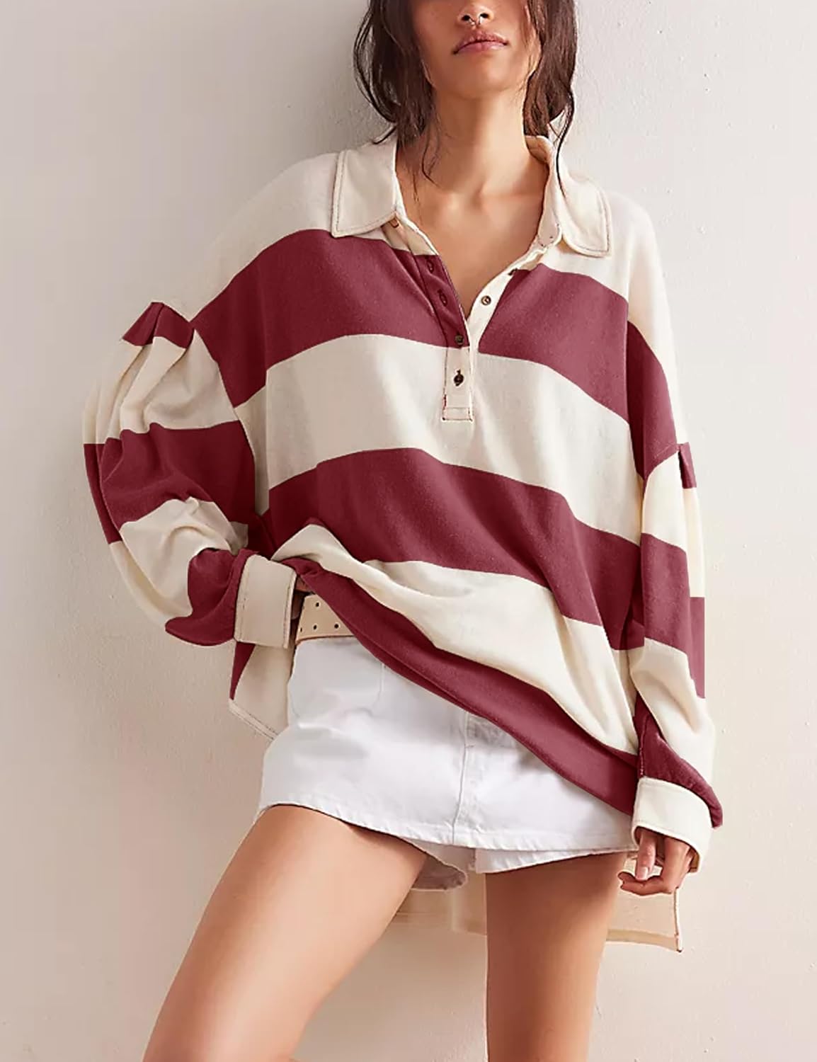 Women's Oversized Long Sleeve Button Striped Pullover