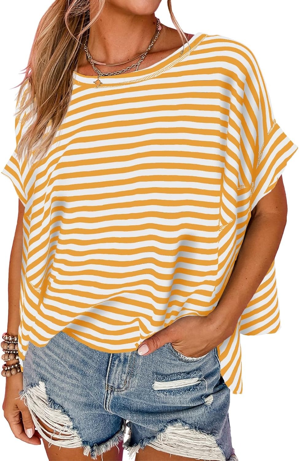 ✨Womens Oversized Striped Irregular Hem Batwing Short Sleeve Tee