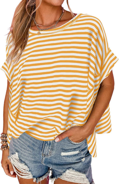 ✨Womens Oversized Striped Irregular Hem Batwing Short Sleeve Tee