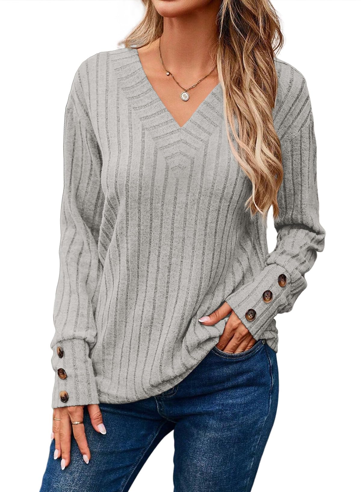 ✨Womens Soft Long Sleeve V Neck Shirts Solid Casual Decorative Buttons Knitted  Tops