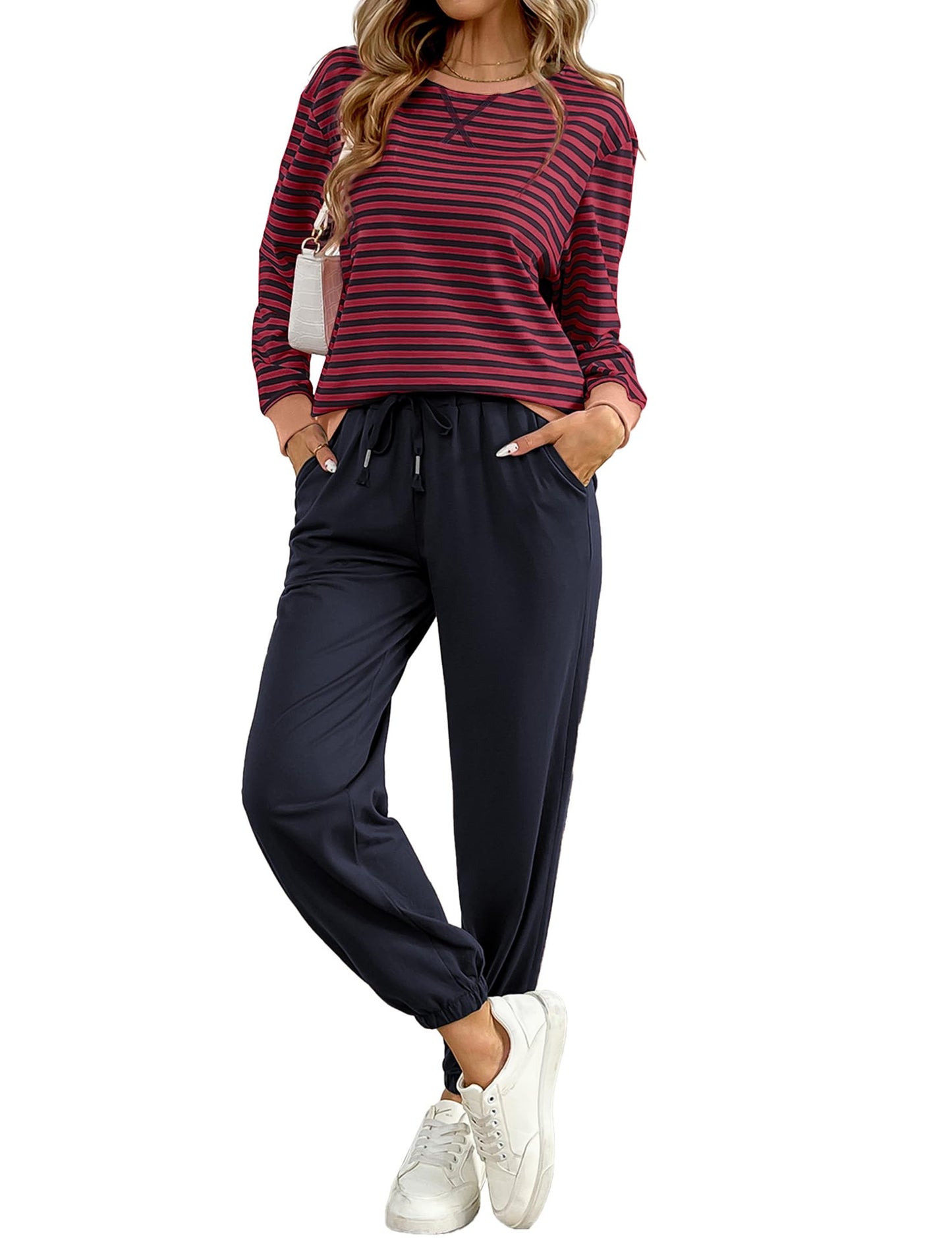 ✨Women's Cozy Striped Color Block Long Sleeve Tops Jogger Sweatpants 2 Piece Outfits