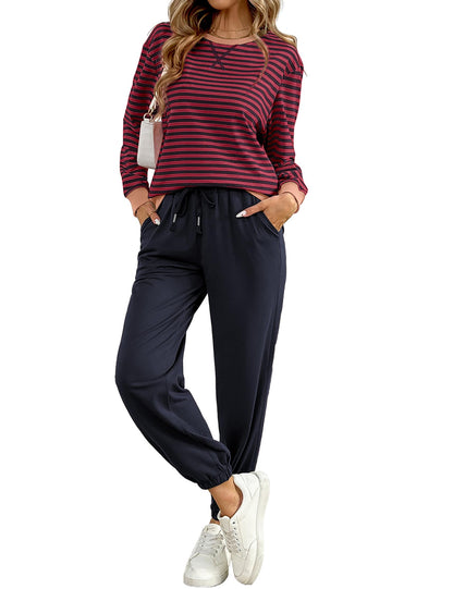 ✨Women's Cozy Striped Color Block Long Sleeve Tops Jogger Sweatpants 2 Piece Outfits