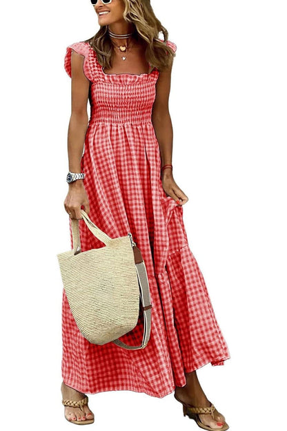 ✨Women's Retro Plaid Smocked Dress Spaghetti Strap Flounce Long Dress