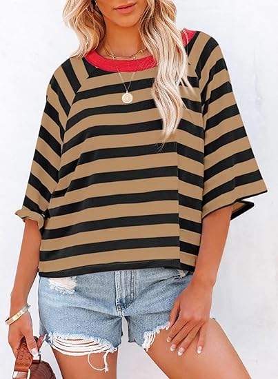 ✨Women's Cute Round Neck Striped Short Sleeve Casual Topb