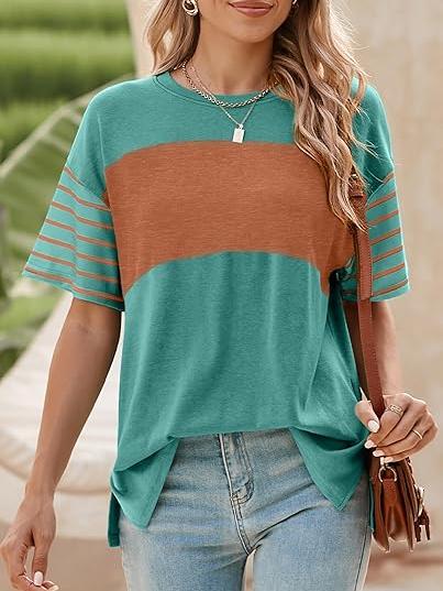 ✨Womens Oversized Crewneck Casual Color Block Striped Shirts Blouses
