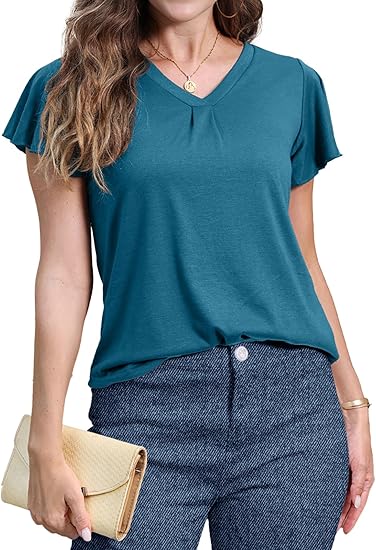 ✨Women's V Neck Ruffle Sleeve Tunic Short Sleeve Blouse Flutter Sleeve Tops