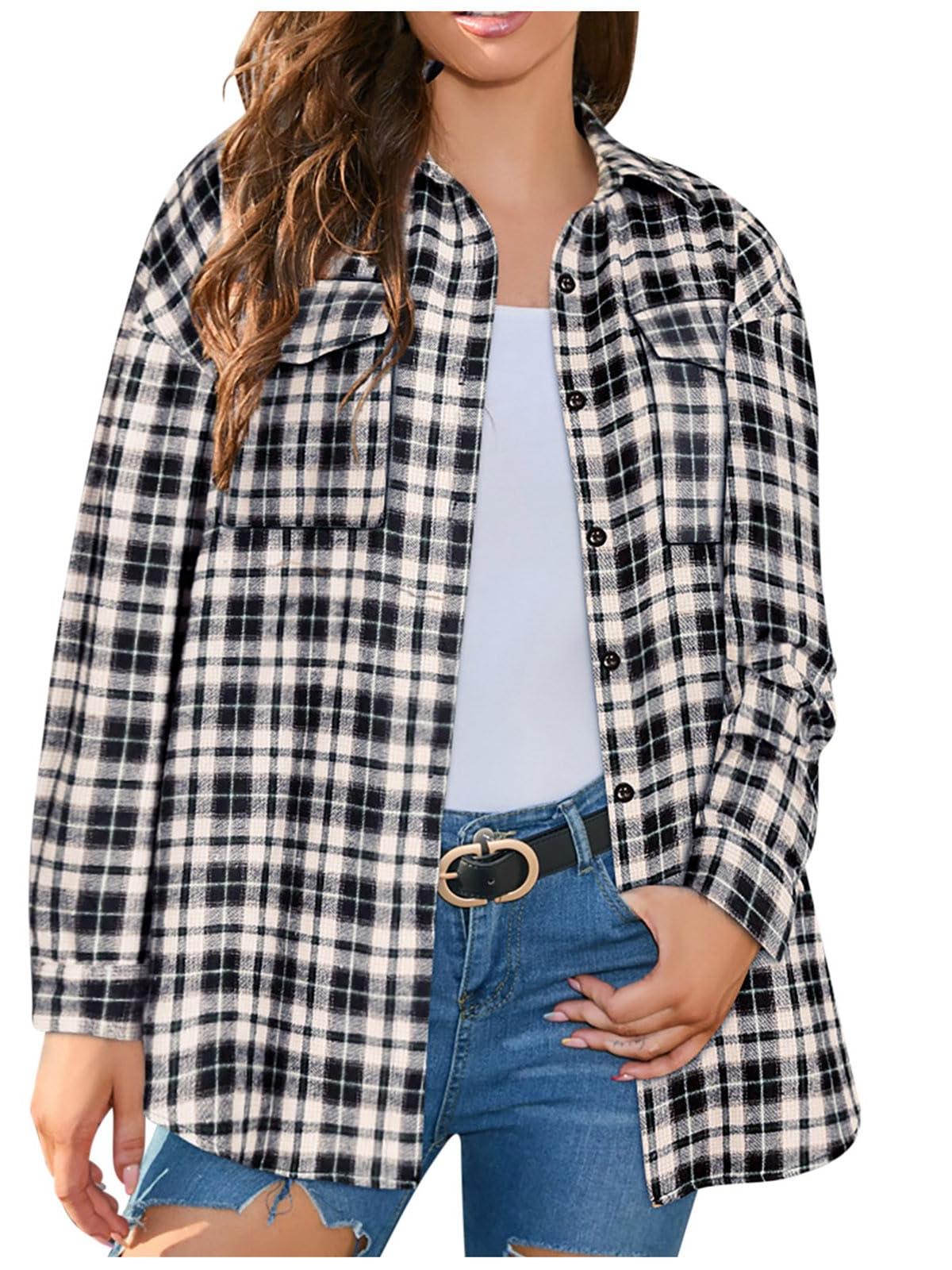 Women's Button Down Flannel Shirts Plaid Shacket