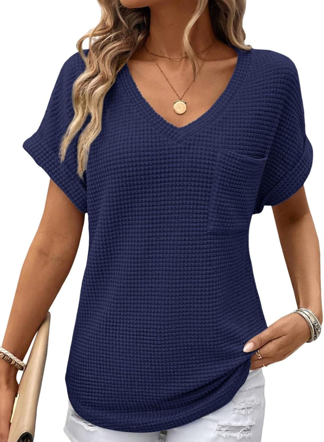 ✨Women's Oversized Waffle V Neck Short Sleeve Casual Top