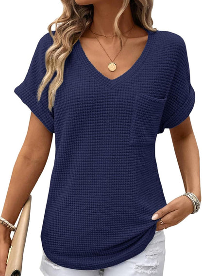 ✨Women's Oversized Waffle V Neck Short Sleeve Casual Top