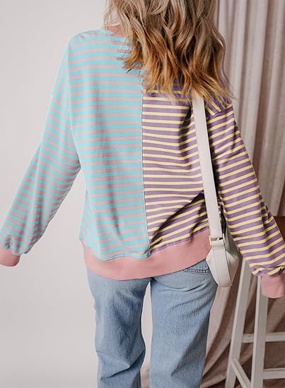 Hot Sale Womens Oversized Sweatshirts Striped Color Block Crewneck Sweatshirt