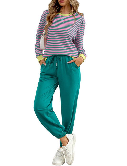 ✨Women's Cozy Striped Color Block Long Sleeve Tops Jogger Sweatpants 2 Piece Outfits
