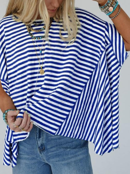 ✨Womens Oversized Striped Irregular Hem Batwing Short Sleeve Tee