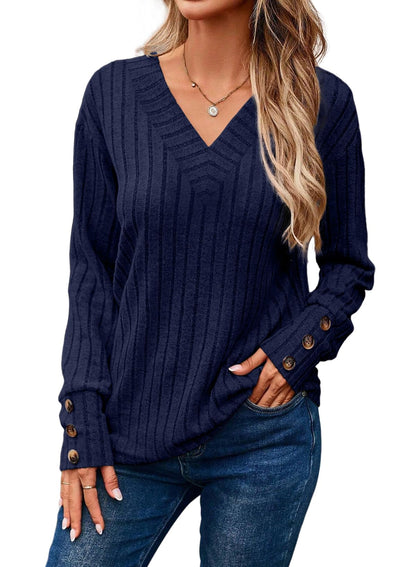 ✨Womens Soft Long Sleeve V Neck Shirts Solid Casual Decorative Buttons Knitted  Tops