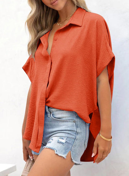 ⏰Hot Sale-Women's Casual Button Short Sleeve Slit Hem Shirt Solid Color Tops