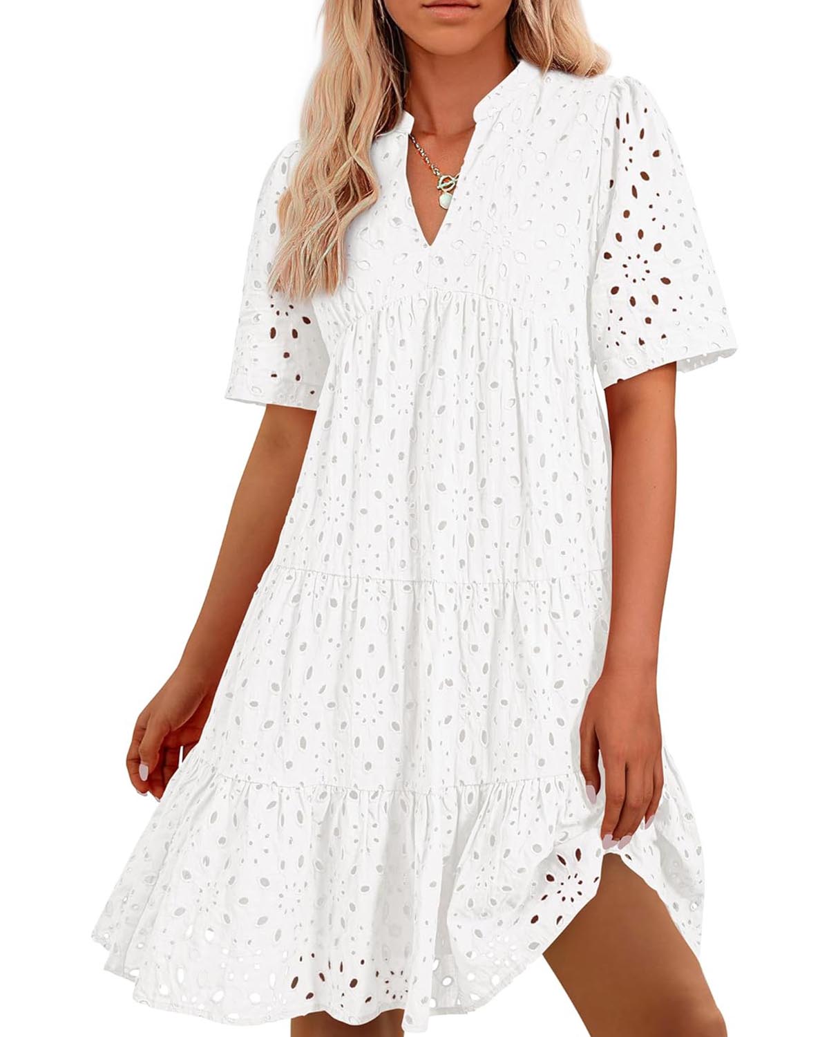 ⏰Hot Sale-Women's Elegant Hollow Out Lace Ruffle Casual Mini Dress
