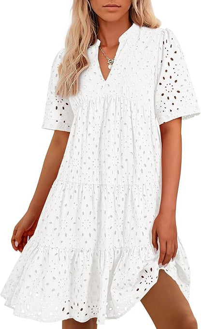2025 Women's V Neck Short Sleeve Hollow Out Mini Vacation Dress