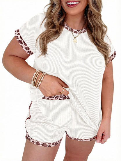 Womens Ribbed Knit Lounge Set with Leopard Print