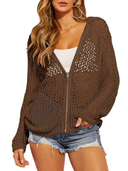 Womens Crochet Lightweight Cardigans Zip Up Hooded Cover Up