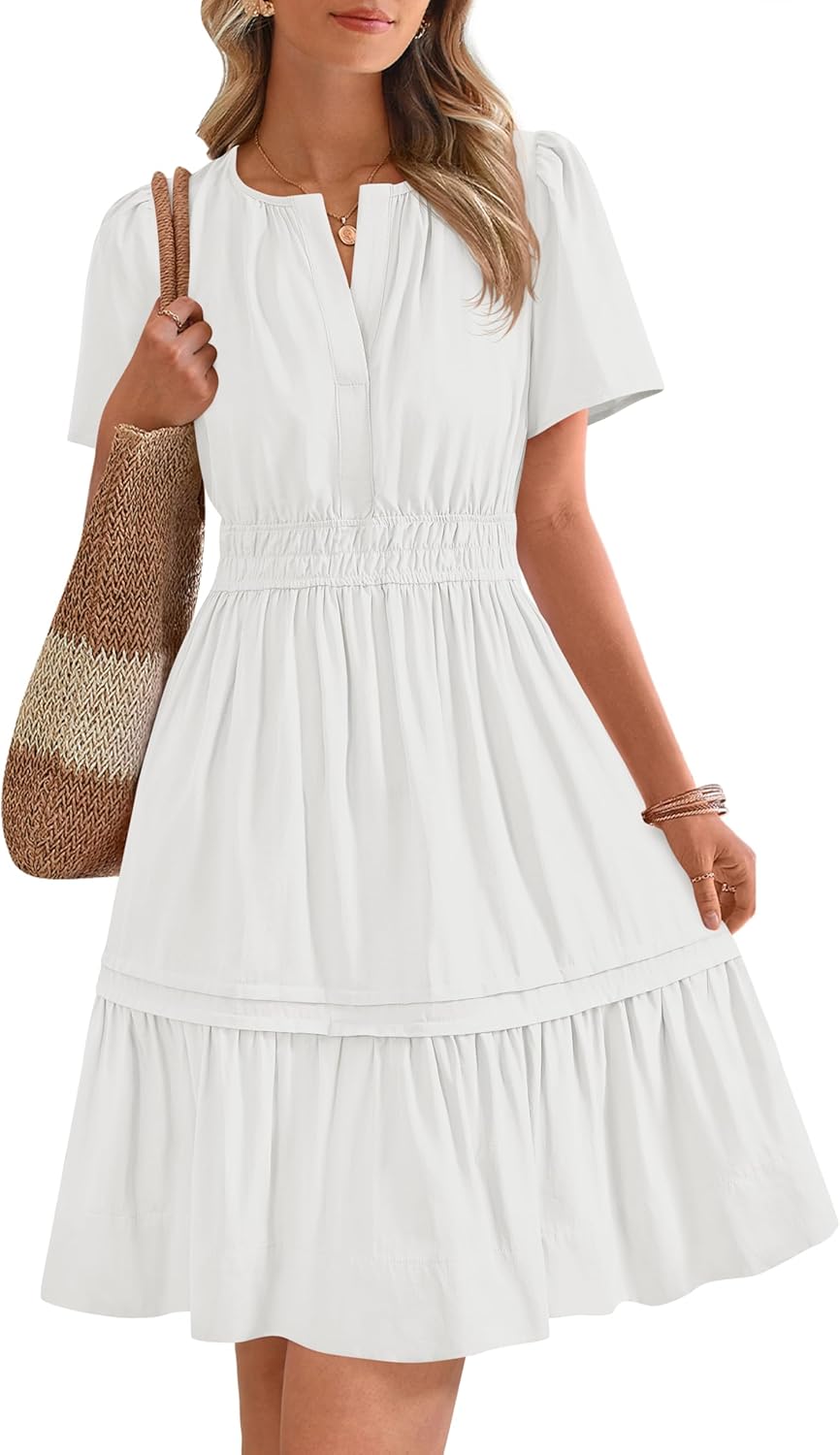 ✨Women's Casual V Neck  Sundress Smocked Waist A Line Tiered Mini Dress