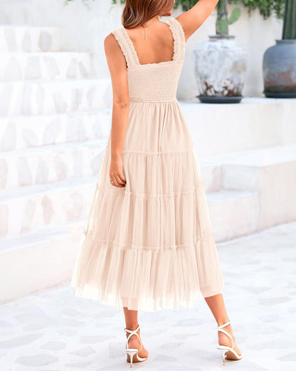 ✨Women's Casual Sleeveless Square Neck Smocked Ruffle Tulle Party Wedding Guest Dresses