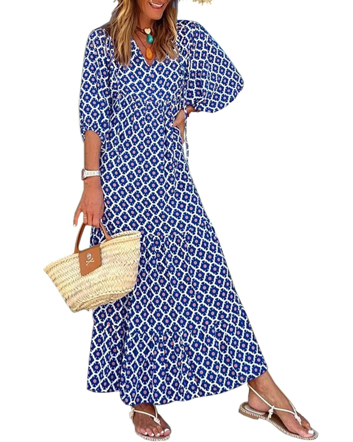 ✨Women's Puff Sleeve Floral Boho Maxi Dress