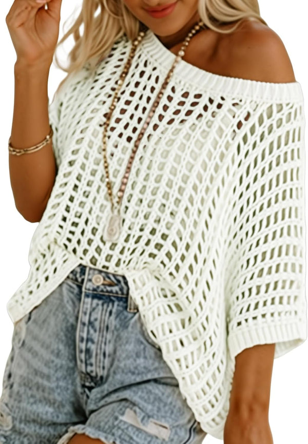 ⏰Hot Sale-Womens Casual Short Sleeve Hollow Out Pullover Knit Tops