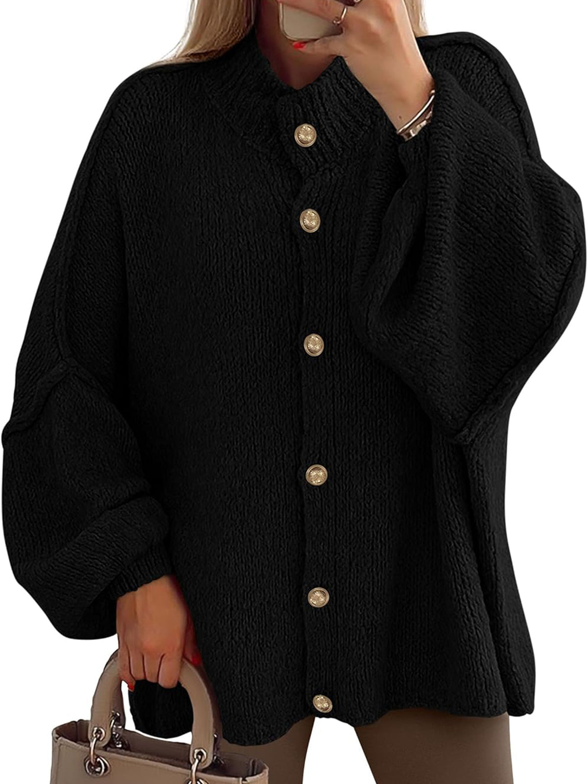 Women's Mock Neck Lantern Long Sleeve Button Down Cardigan Sweater