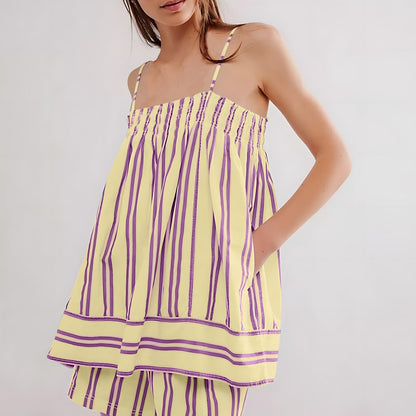 ✨Women 2 Piece Camisole Babydoll Top Tank Striped Boxer Shorts Matching Pjs Outfit Lounge Sets