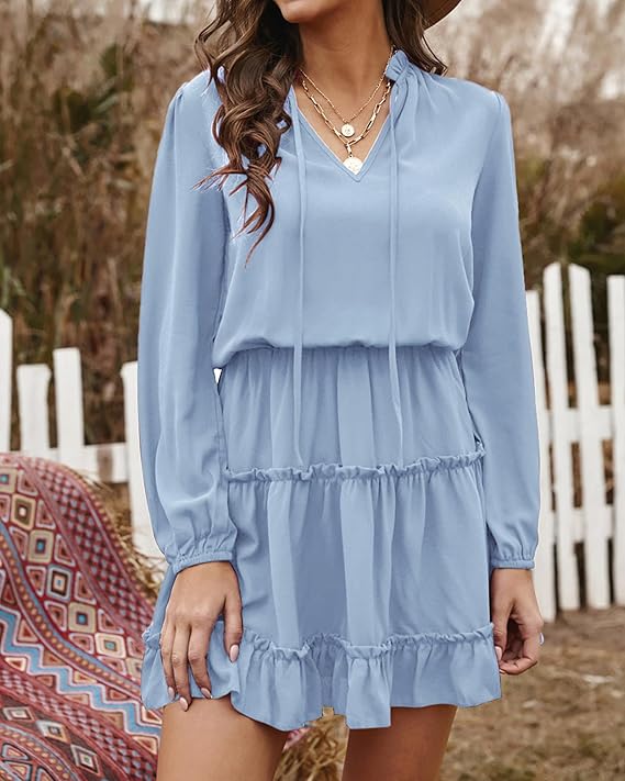 ✨Women's Tie Neck High Waist Layered Ruffle Waist Mini Dress