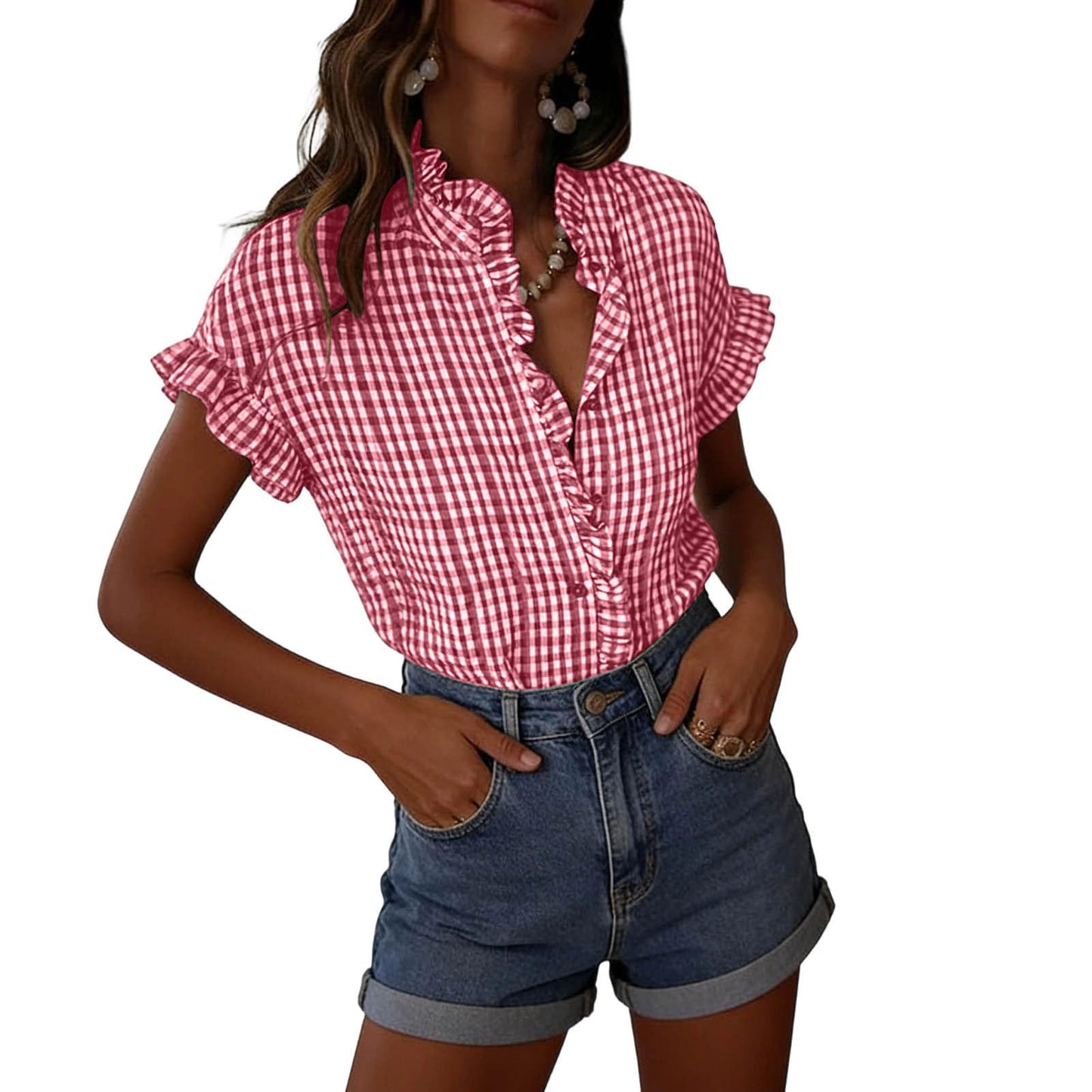 Women's Ruffled V Neck Gingham Short Sleeve Button Down Blouse