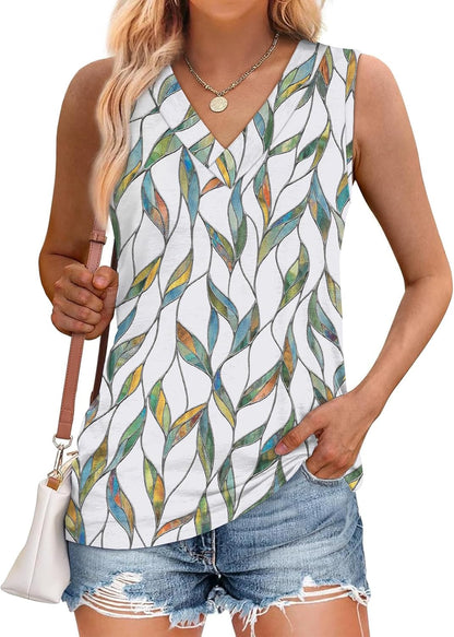 ✨Women Summer Loose Fit V Neck T Shirts Trendy Sleeveless Basic Tank Tops