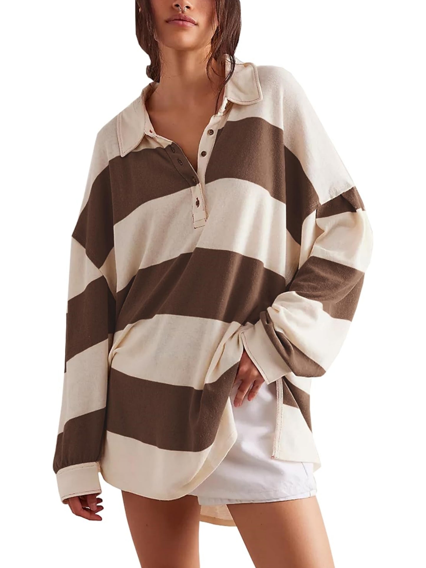 Women's Oversized Long Sleeve Button Striped Pullover
