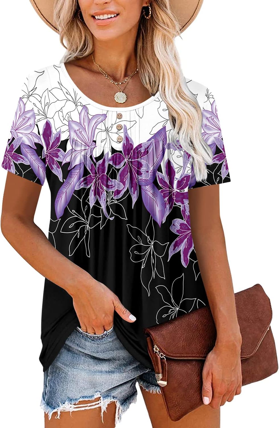 ⏰Hot Sale-Women's Summer Printed Pleated Crew Neck Tee