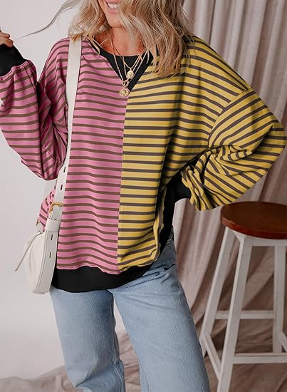 Hot Sale Womens Oversized Sweatshirts Striped Color Block Crewneck Sweatshirt
