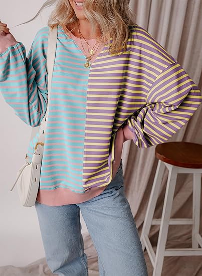Hot Sale Womens Oversized Sweatshirts Striped Color Block Crewneck Sweatshirt