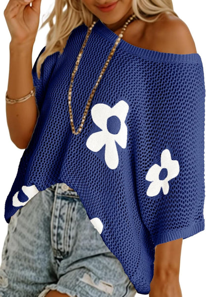 ⏰Hot Sale-Womens Floral Cute Tops Short Sleeve Crochet Cover Ups Lightweight Pullover