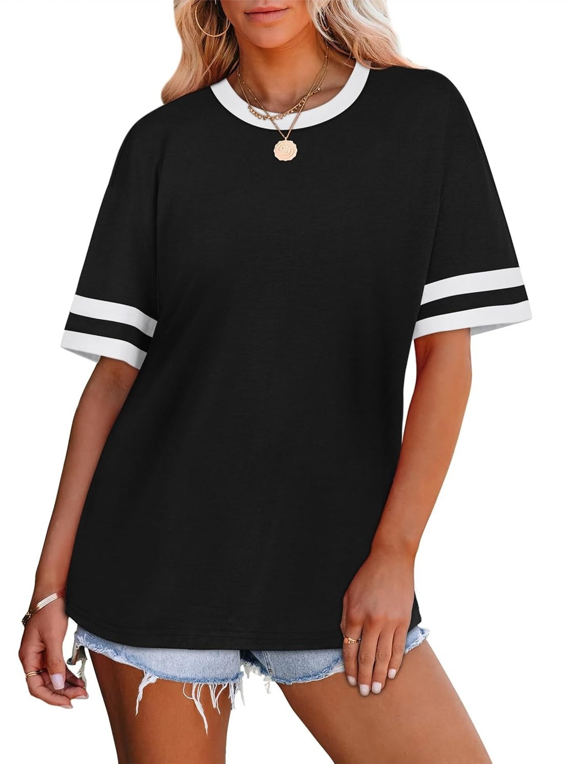 ✨ Women's Oversized Crew Neck Colorblock Striped Sleeve T-shirt