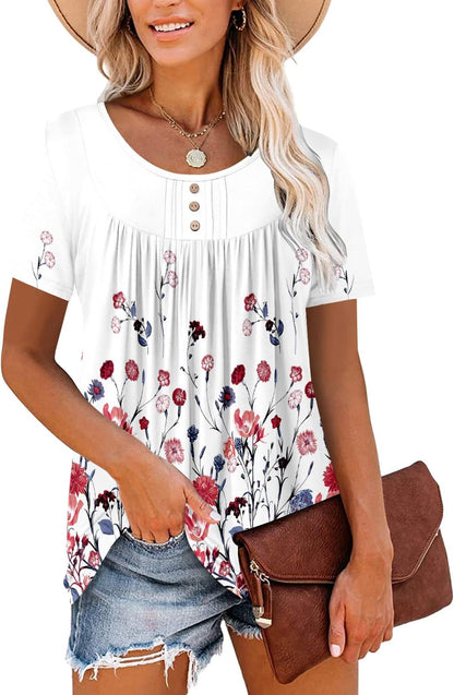 ⏰Hot Sale-Women's Summer Printed Pleated Crew Neck Tee