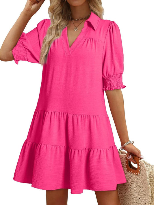 📣Smocked Sleeve Tiered V-Neck Mini Dress