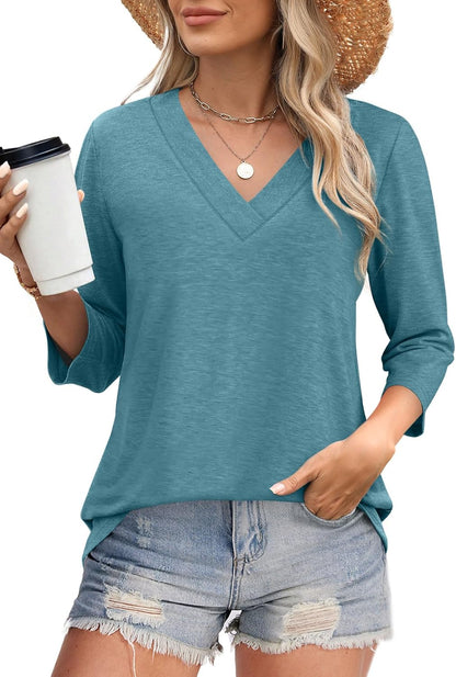 ✨Women's Trendy V Neck 3/4 Long Sleeve Tops Loose Fit Blouse